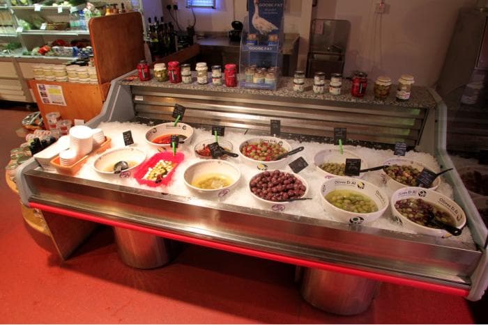 The olive and antipasti bar on ice at the Churston deli